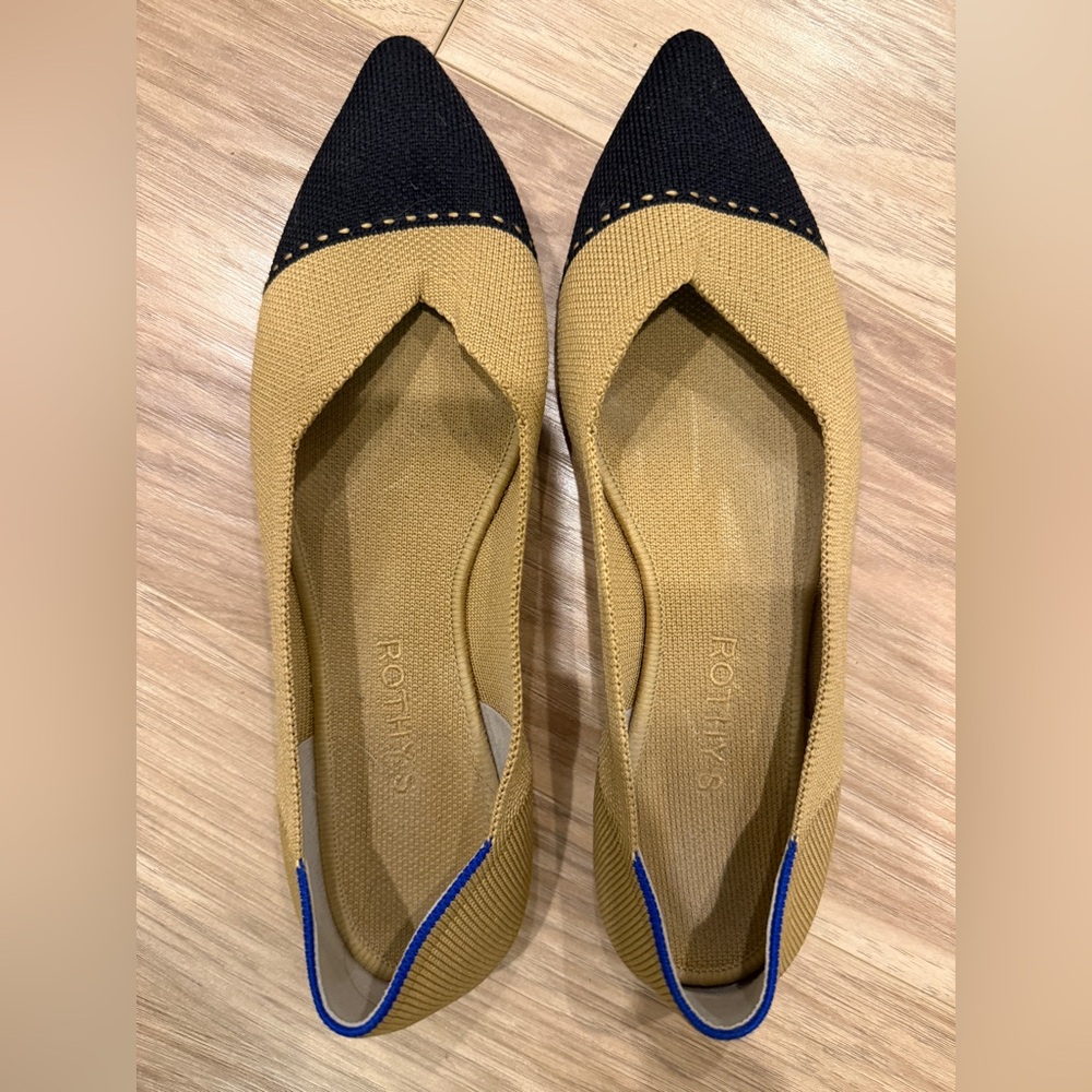 Rothy's Mustard Knit Pointed-Toe Flats with Black Cap and Blue Heel Trim